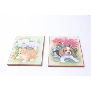 Red Kitten and Beagle Puppy, 1970s Wall Plaques, K Chin, Signed, Prints, Cute